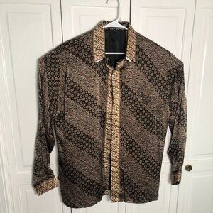 Batik Nana Karlina Traditional Indonesian Long Sleeve Shirt Floral Brown Tan XL